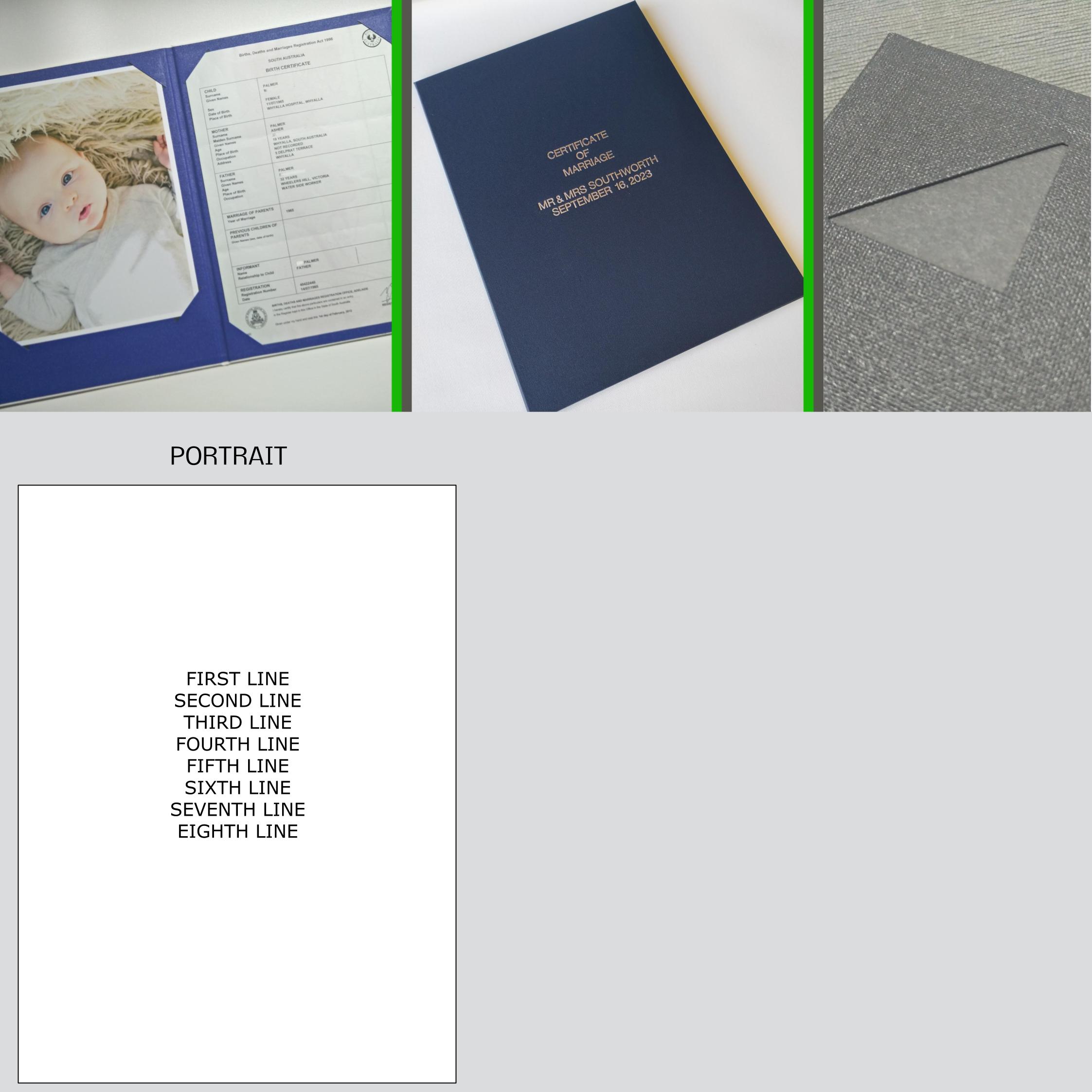 Corner Frame Binding, Stamped with Custom Text Only, Portrait, Buckram, BBAD