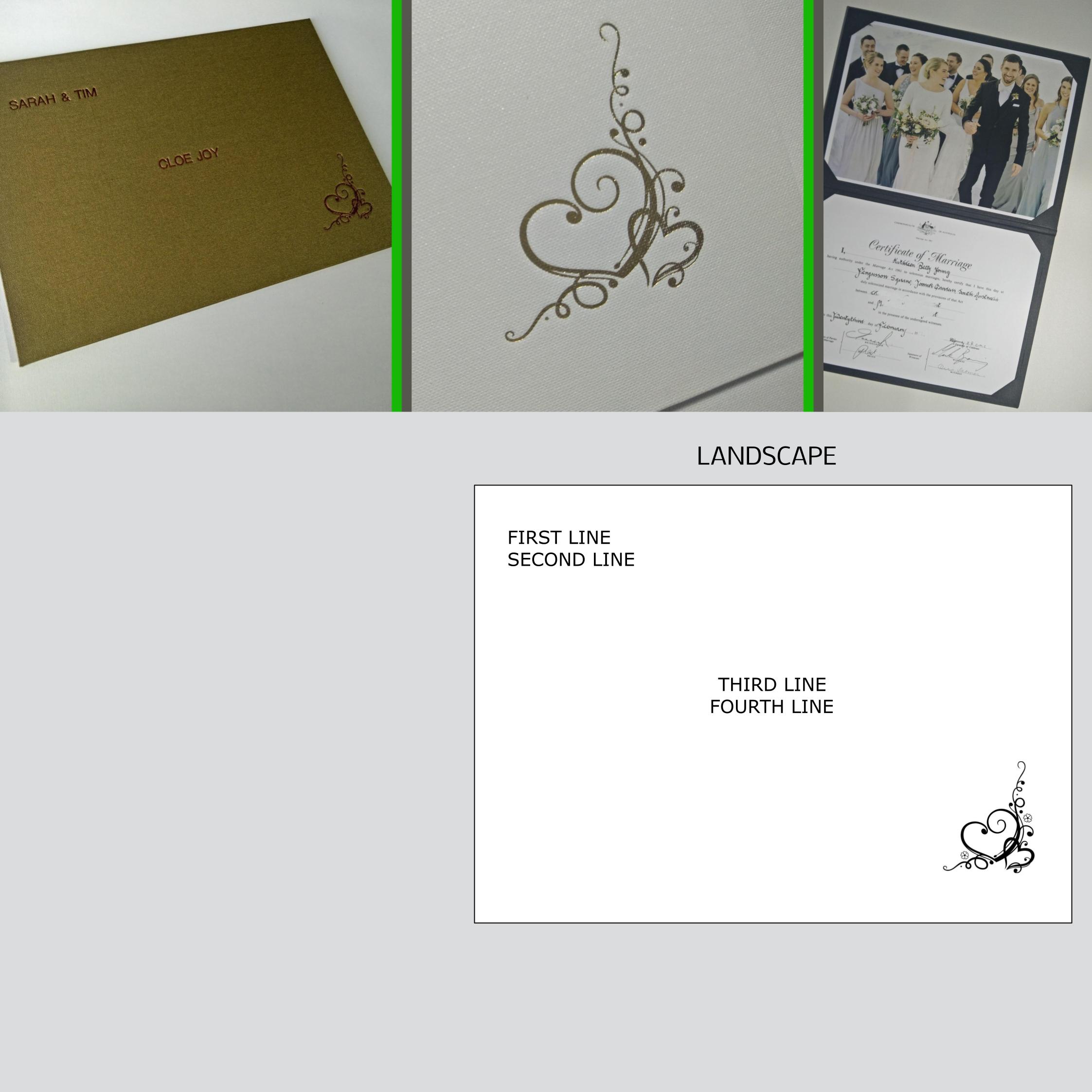 Corner Frame Binding, Stamped with Corner Heart & Custom Text, Landscape, Buckram, BBAE