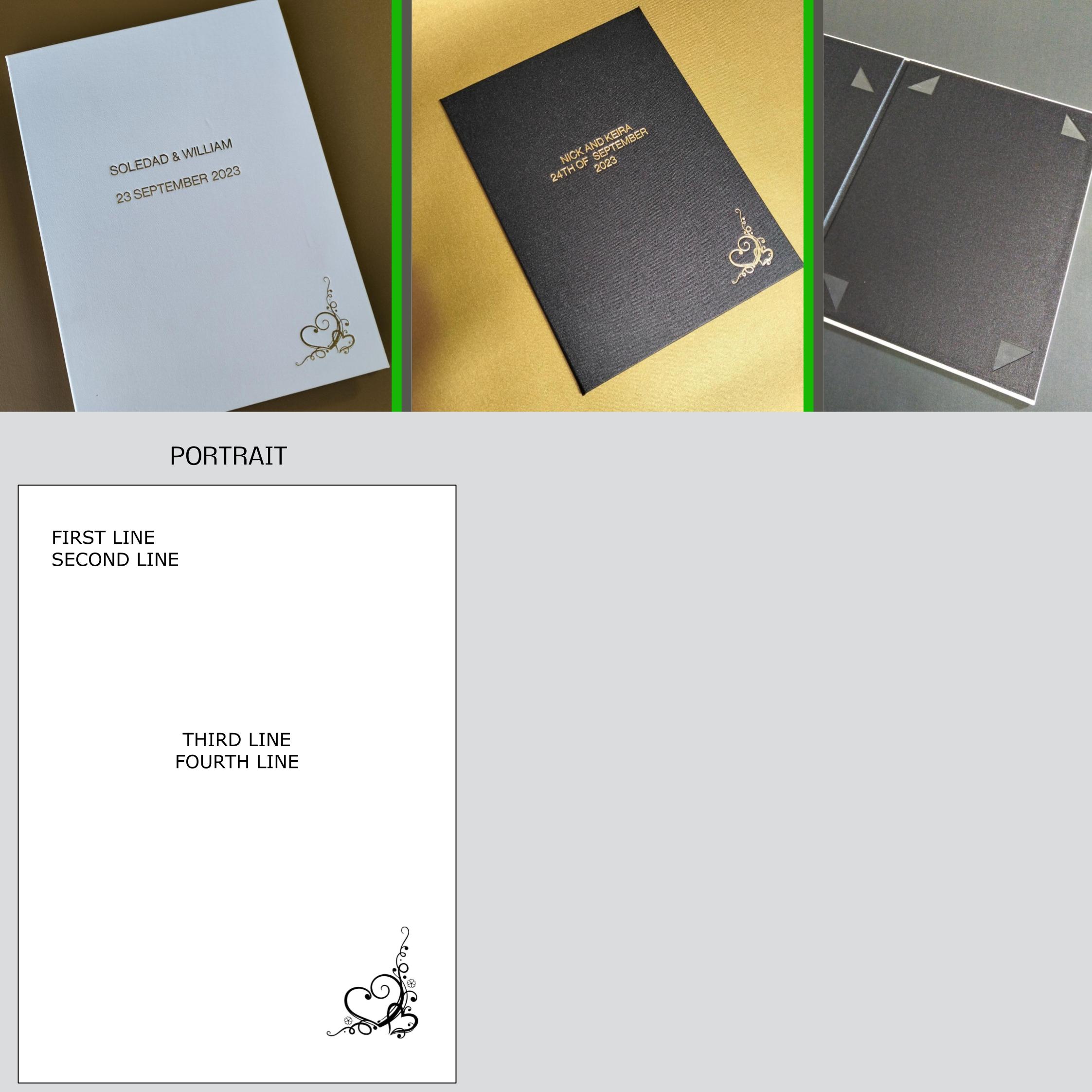 Corner Frame Binding, Stamped with Corner Heart & Custom Text, Portrait, Buckram, BBAF