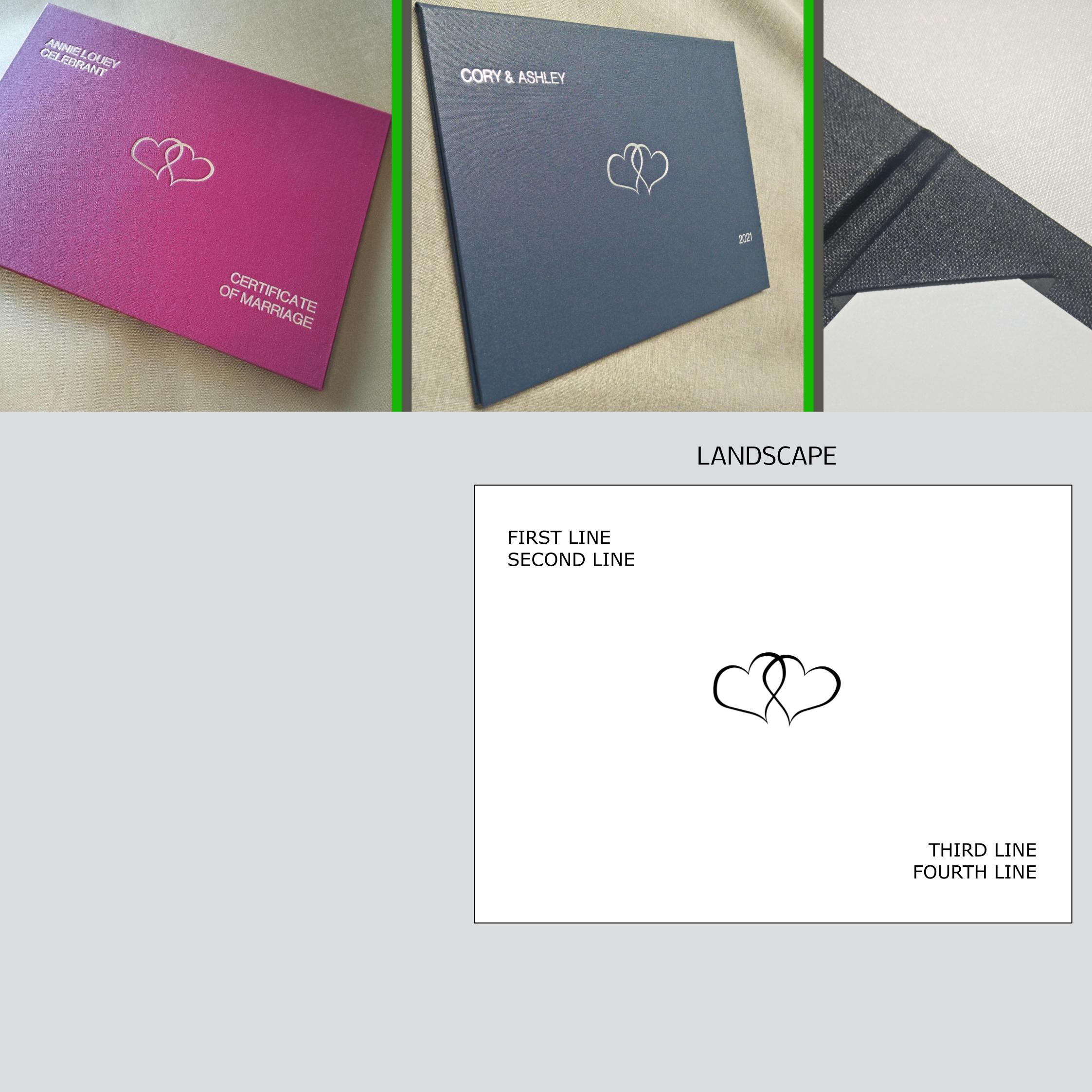 Corner Frame Binding, Stamped with Centre Heart & Custom Text, Landscape, Buckram, BBAH