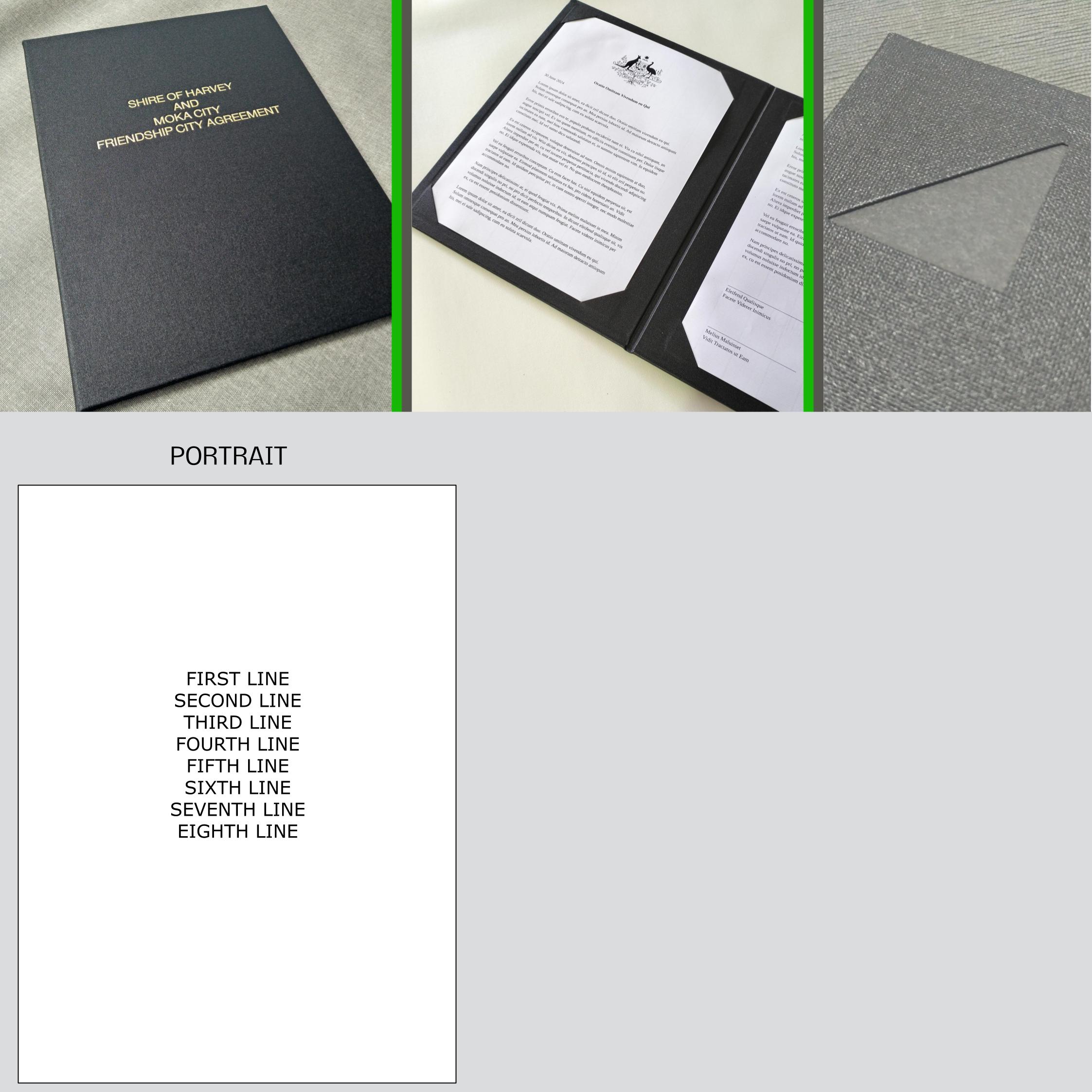 Corner Frame Binding, Stamped with Custom Text, Portrait, BBAT